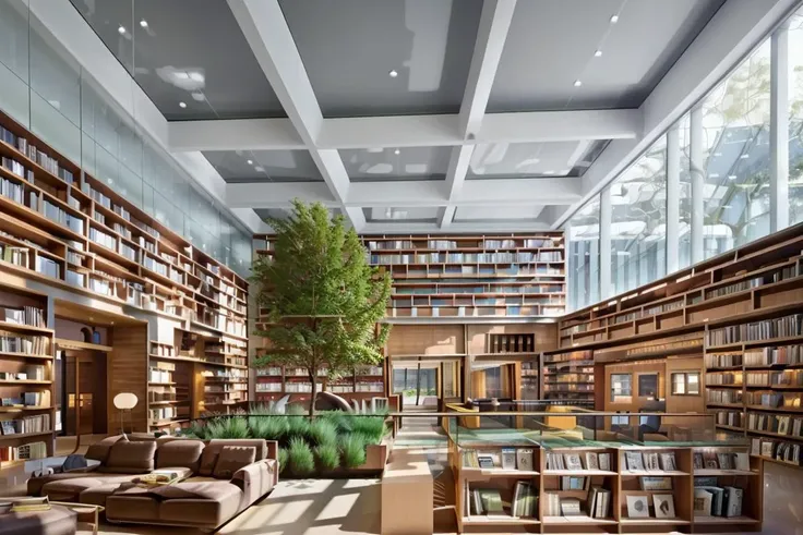 a library with a sofa and book shelves,, (masterpiece),(high quality), best quality, real,(realistic), super detailed, (full detail),(4k),8k,scenery, no humans, tree, window, ceiling light, shop, indoors, shelf, door <lora:XSArchi_125v2:1>