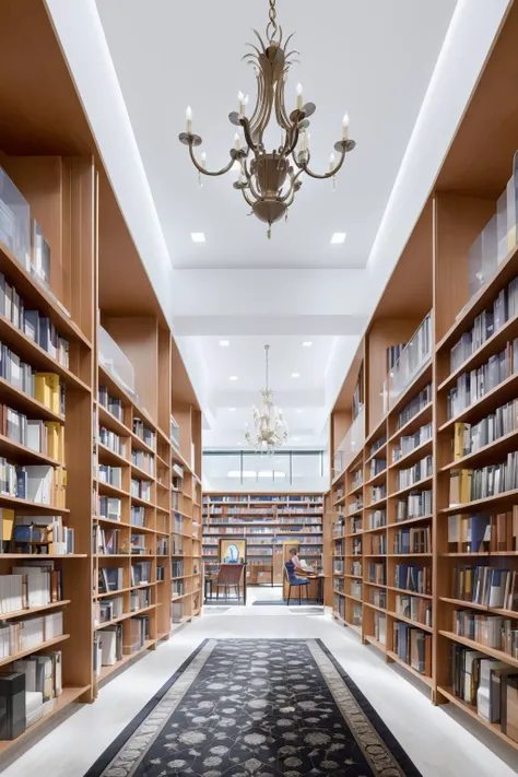 library, book shelves, (masterpiece),(high quality), best quality, real,(realistic), super detailed, (full detail),(4k),8k, no humans,window, ceiling light, indoors,door <lora:XSArchi_125v2:0.8>