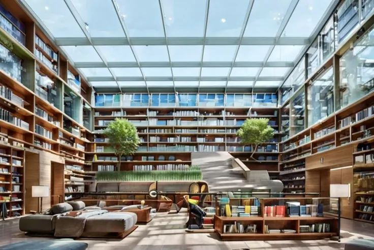 a library with a sofa and book shelves,, (masterpiece),(high quality), best quality, real,(realistic), super detailed, (full detail),(4k),8k,scenery, no humans, tree, window, ceiling light, shop, indoors, shelf, door <lora:XSArchi_125v2:1>