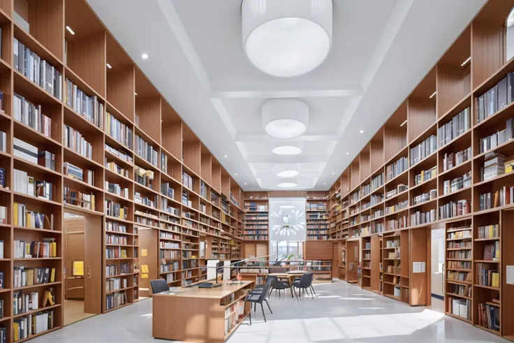 library, book shelves, (masterpiece),(high quality), best quality, real,(realistic), super detailed, (full detail),(4k),8k, no humans,window, ceiling light, indoors,door <lora:XSArchi_125v2:0.8>