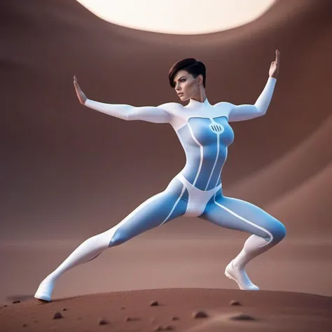 cinematic photo  a full body view of  muscular woman upset, short dark hair, huge breast, hourglass figures,wears a futuristic white and lightblue bodysuit, white miniskirt, fighting poses on mars <lora:Anissa1024:0.9>  . 35mm photograph, film, bokeh, professional, 4k, highly detailed