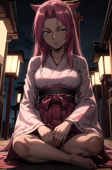 (masterpiece, best quality, detailed), 1girl, solo, ingrid, looking at viewer,
miko, japanese clothes, red hakama, hakama skirt, wide sleeves, white kimono, ribbon trim, outdoors, night, torii, shrine, east asian architecture, indian style, hands on feet, parted lips