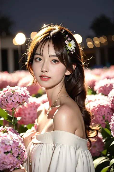 Best quality, masterpiece, ultra high res, (photorealistic:1.4), raw photo, 1girl, white dress, off shoulder, blossom flower field, glowing skin, light smile,night
, <lora:Moral boundary_yan:0.9>