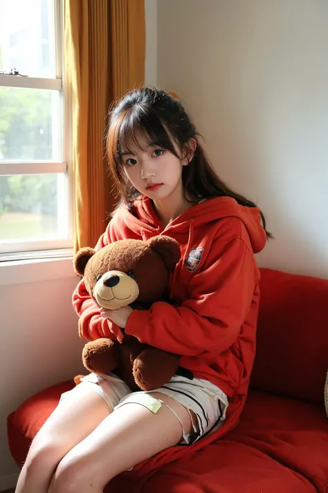 (masterpiece, best quality), 1girl, hugging teddy bear, wariza, in room, sunlight, stuffed toy, hoodie
, <lora:Moral boundary_yan:0.9>
