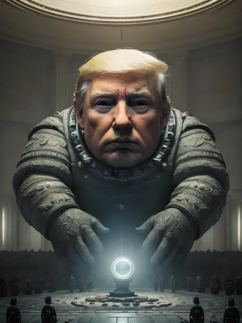 (((masterpiece, best quality, highly detailed))), Beeple, trump head in the trophy, crowd of giant baby standing in a circle, unreal engine 5 render, <lora:Beeple-10:1>