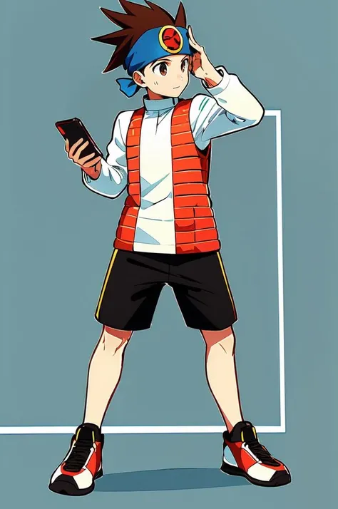 ultra detailed, masterpiece, best quality, solo,
<lora:HerrscherAGGA2023_Lan_Hikari_V1:0.95> Hikari_MM, brown hair, spiked hair, blue headband, brown eyes, turtleneck, orange vest, white shirt long sleeves, black shorts, orange footwear, sneakers, 1boy, smartphone, dynamic pose, showing_device,