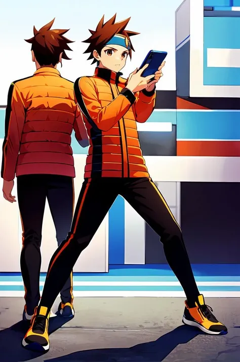 ultra detailed, masterpiece, best quality,
<lora:HerrscherAGGA2023_Lan_Hikari_V1:0.85> Hikari_MM, brown hair, spiked hair, blue headband, brown eyes, turtleneck, orange vest, white shirt long sleeves, black shorts, orange footwear, sneakers, 1boy, smartphone, dynamic pose, showing_device,