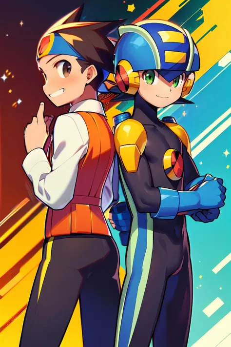 masterpiece,best quality,2boys,(standing,back-to-back),(cyberspace),
AND 2boys,standing,back-to-back,(1boy,Hikari_MM, brown hair, spiked hair, blue headband, brown eyes,turtleneck, orange vest, white shirt long sleeves, black shorts,grin,<lora:CHAR-Mega Man Battle Network-Lan Hikari_V1-Herrscher_AGGA2023:0.9>),
AND 2boys,standing,back-to-back,(1boy,megaman,black hair, green eyes, helmet, blue headwear,bodysuit, covered collarbone, yellow shoulder armor, gloves,smile,<lora:Megaman:0.8>),