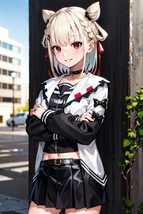 masterpiece, best quality, highres, aautano, short hair, double bun, hair rings, hair ornament, hair ribbon, red eyes, small breasts, black choker, sailor collar, multicolored jacket, white jacket, open clothes, black shirt, white belt, long sleeves, black bow, midriff, black skirt, <lora:shiratama_utano_v1:0.7>, crossed arms, smile, wall, outdoors