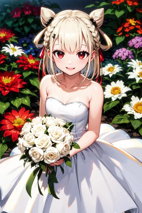 masterpiece, best quality, highres, aautano, short hair, double bun, hair rings, hair ornament, hair ribbon, red eyes, small breasts, <lora:shiratama_utano_v1:0.7>, white dress, wedding dress, garden, smile, cowboy shot, from above, holding bouquet,