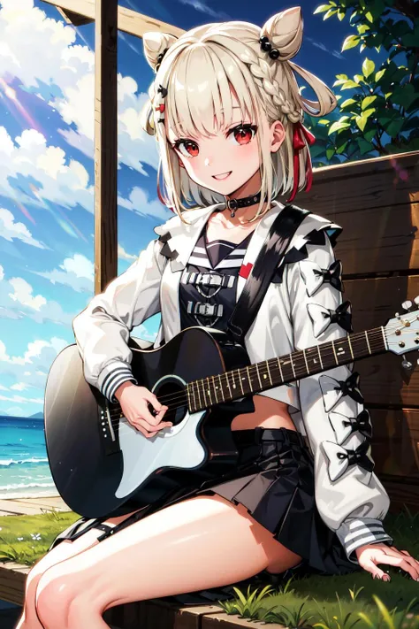 masterpiece, best quality, highres, aautano, short hair, double bun, hair rings, hair ornament, hair ribbon, red eyes, small breasts, black choker, sailor collar, multicolored jacket, white jacket, open clothes, black shirt, white belt, long sleeves, black bow, midriff, black skirt, <lora:shiratama_utano_v1:0.7>, sitting, outdoors, guitar, holding instrument, smile