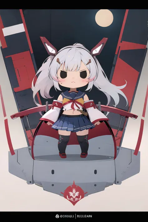 assembly, 1girl, ayanami (azur lane), retrofit (azur lane), chibi, detached sleeves, skirt, ponytail, headgear, pleated skirt, school uniform, solo, weapon, hair ornament, serafuku, zettai ryouiki, thighhighs, belt, hairclip, looking at viewer, sword, wide sleeves, flat color, long hair<lora:arkblock:1>