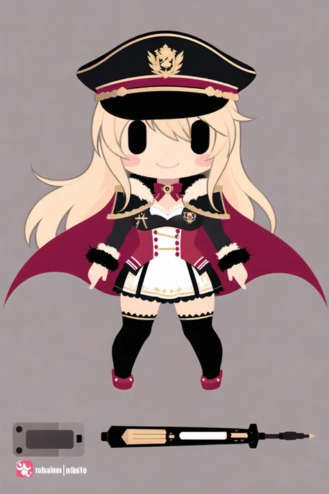 assembly, 1girl, blonde hair, hat, chibi, long hair, solo, cape, thighhighs, fur trim, peaked cap, smile, flat color, fur-trimmed cape, military, black thighhighs, black eyes <lora:arkblock:1>