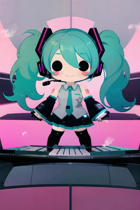 assembly, 1girl, hatsune miku, twintails, long hair, necktie, solo, skirt, smile, detached sleeves, spring onion, solid oval eyes, aqua hair, chibi, very long hair, thighhighs, headset, headphones, aqua necktie, shirt, black skirt, microphone, sleeveless, grey shirt, sleeveless shirt, tattoo, flat color, keyboard (instrument), bare shoulders, pleated skirt, shoulder tattoo<lora:arkblock:1>