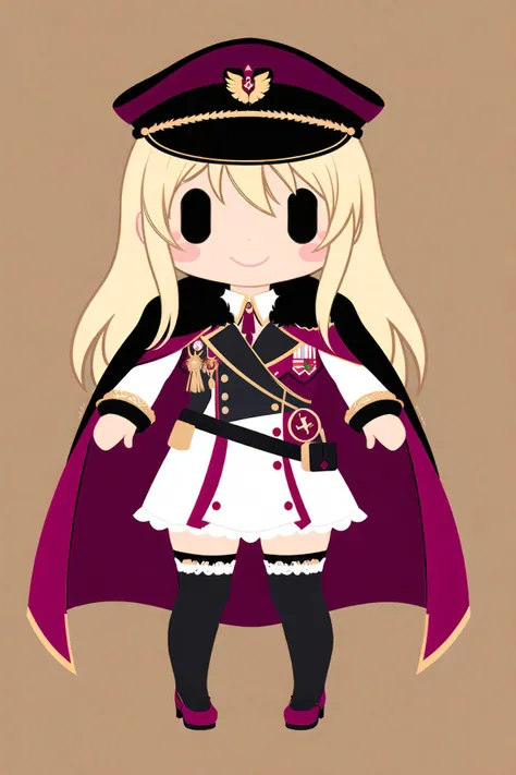 assembly, 1girl, blonde hair, hat, chibi, long hair, solo, cape, thighhighs, fur trim, peaked cap, smile, flat color, fur-trimmed cape, military, black thighhighs, black eyes <lora:arkblock:1>