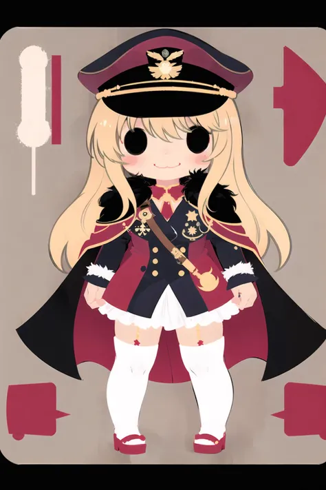 assembly, 1girl, blonde hair, hat, chibi, long hair, solo, cape, thighhighs, fur trim, peaked cap, smile, flat color, fur-trimmed cape, military, black thighhighs, black eyes <lora:arkblock:1>