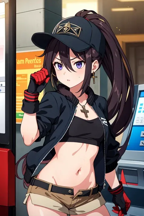 best quality, masterpiece, high quality, 1girl, solo, cross earrings, fur hat, safety gloves, pentacle, plague doctor mask, long hair, (hair between eyes), (FF8B00 front ponytail), Ice wings, determined face, Bank, teller, ATM, deposit, loan, (Fringe top, Paperbag shorts, Bomber jacket)
