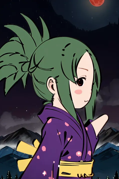 (masterpiece:1.2), ultra detailed,:3, <lora:Churuya:1>, Churuya, chibi, kimono, folded ponytail, green hair, solid circle eyes, nyoron pose, head down, bloodmoon, (beautiful face), (looking at the viewer), fog, mist, mountains, (night), path in a dark forest, <lora:Adddetail:0.7>, best quality, (front view:1.5)
