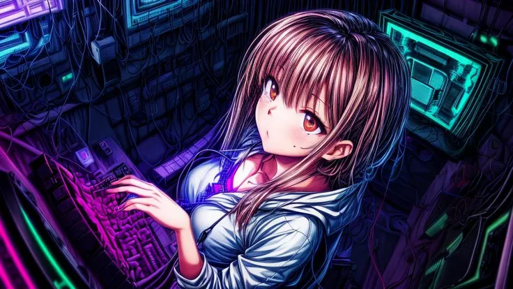 masterpiece, best quality, (high angle:1.7), detailed face, (1girl), solo girl, green short hair, big brown eyes, purple baggy hoodie, (((hacker room, lots of computers and wires, ((walls full of computers)), (wall full of wires), (CRT monitors), lots of large CRT monitors, hacker's room, lots of power cords, lots of power keyboards, cluttered hacker room))), <lora:add_detail:3>, <lora:GoodHands-beta2:2>