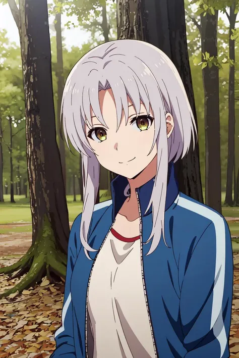 (best quality), (masterpiece), serene_hozumi, blue track jacket, cleavage, smiling, looking at viewer, forest, sunny, flowers, lake, upper body, <lora:serene_hozumi:1>
