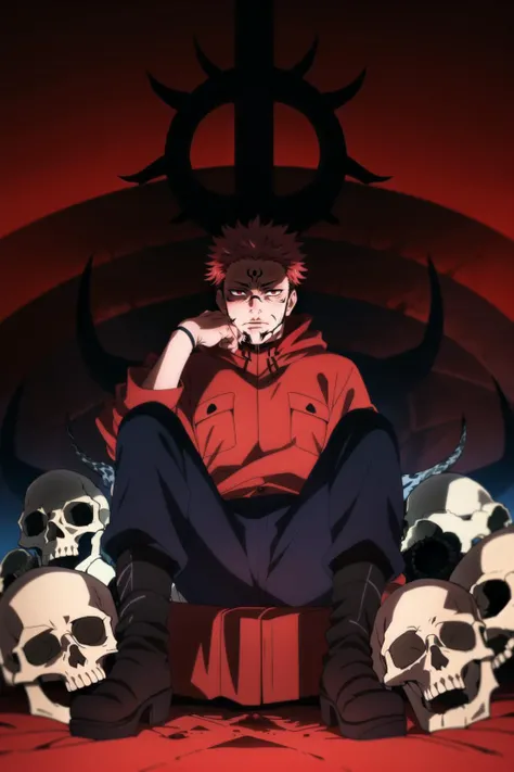 masterpiece, best quality, solo, RyomenSukuna, 1man, jacket, ((cargo, black cargo pants)), boots, shaded face, closed mouth, animal skull, holding skull, sitting, blood, red theme, <lora:RyomenSukuna001:0.7>