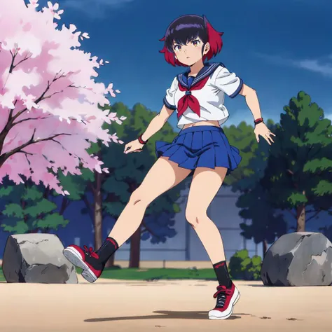 Street Fighter Sakura, kick, , Japanese scenery, masterpiece, high quality