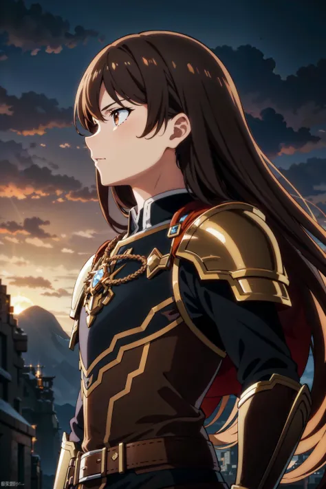 1girl, armor, belt, brown_eyes, brown_hair, building, cityscape, cloud, cloudy_sky, dusk, evening, fire, gradient_sky, horizon, long_hair, mountain, mountainous_horizon, ocean, orange_sky, outdoors, purple_sky, red_sky, shoulder_armor, sky, solo, star_\(sky\), sun, sunrise, sunset, twilight, upper_body, siegfried \(granblue fantasy\), surprise, shock