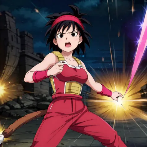 <lora:ginev3:0.7>,<lora:add_detail:0.8>,<lora:noline:0.3>,<lora:boldline:-0.3>,looking at viewer,angry,open mouth,
gine,headband,short hair,black hair,spiked hair,black eyes,monkey tail,
fighting_stance,(aura effect:1.2),laser beam,(speed_lines:1.3),(motion_blur:1.3),
nature,blurry background,explosion,