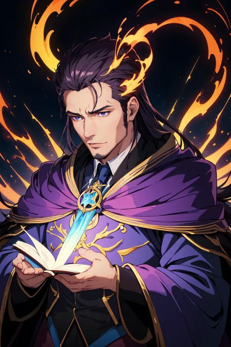best quality, masterpiece, high quality, (absurdres, highres, ultra detailed:1.2), (1 handsome man:1.4),(using dark magic:1.4),purple magic,playful illustrations, imaginative overlays, artistic fusion,fantastical scenes, evocative narratives, striking visuals, upper body