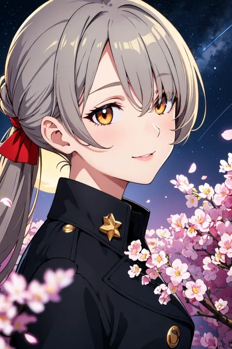 best quality, masterpiece, high quality, 1girl, solo, black trench coat,long hair, hair over one eye, low ponytail, gray hair, Orange eye, smile brightly, whole body, illustration, beautiful detailed girl, beautiful detailed glow, beautiful detailed eyes, highres, detailed, high resolution illustraion, ultra-detailed, detailed background, beautiful detailed face, scenery, landscape, space, star(sky), scenery focus, starlight, glowing, on the moon, starry sky, blue star, 4k, planet, flower, falling petals, glowing sky, finely detailed