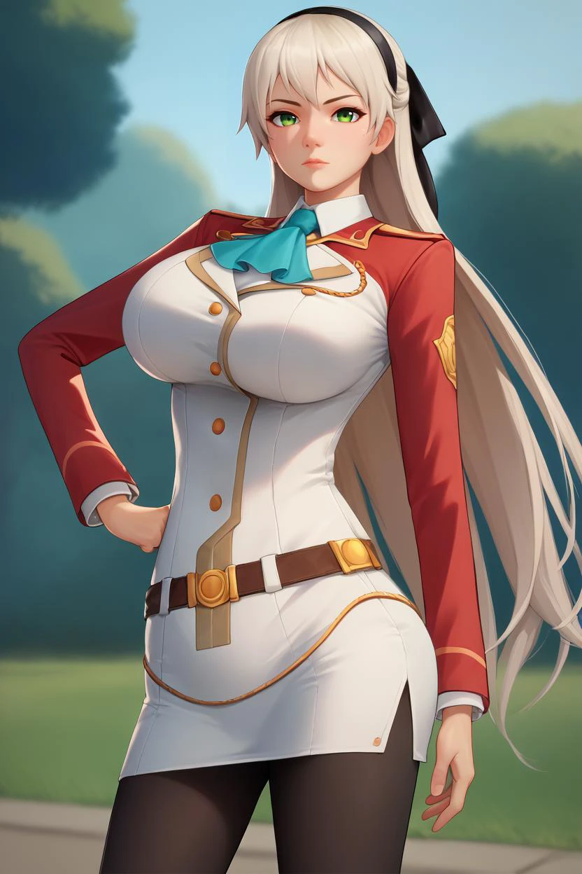 score_9, score_8_up, 1girl, solo BREAK <lora:fugtrup-guy-PONYv101:1> fugtrup <lora:elie-pdxl-nvwls-v1:0.8> zeroElie, black hairband, hair ribbon, long hair, ascot, uniform, long red sleeves, white dress, pencil skirt, belt, black pantyhose, large breasts, contrapposto, hand on hip, looking at viewer, large breasts