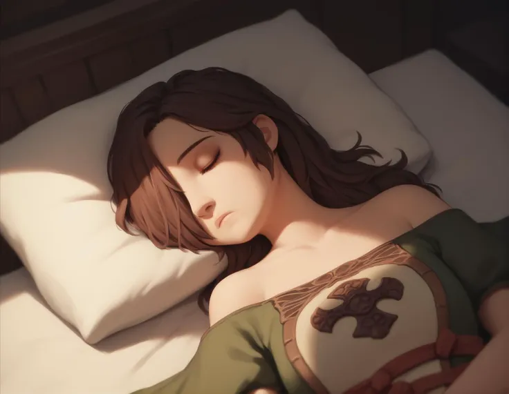 score_9, score_8_up, score_7_up, score_6_up, score_5_up, score_4_up, 1girl, solo, <lora:Emerald_Herald_Clip_1:1>, hair over one eye, brown eyes, brown hair, green pijamas, blanket, bed, sleeping, night, moonlight, mansion, cozy, fantasy, upper body, portrait,  <lora:fugtrup-guy-PONYv101:1>