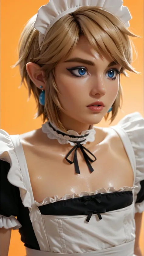 score_9,score_8_up,score_7_up BREAK <lora:fugtrup-guy-PONYv2:1>,1girl,solo,portrait,link,flat chest,makeup,maid,maid headdress,otoko no ko,looking to the side,orange background,depth of field,shiny skin,sidelighting,backlighting,blue eyes,blonde hair,short hair,earrings,parted lips,choker,enmaided,mascara,