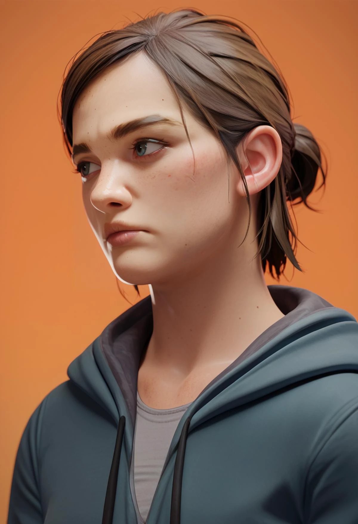 score_9, score_8_up, score_7_up, BREAK <lora:fugtrup-guy-PONYv2:1>, 1girl, solo, ellie \(the last of us\), portrait, looking to the side, orange background, hoodie,