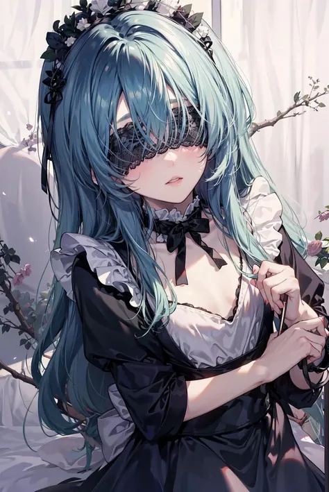 AS-YoungestV2, 1girl, solo, BLINDFOLD, long hair, light blue hair, maid, apron, from above, looking at viewer, head tilt, <lora:MASK-v2:1>
