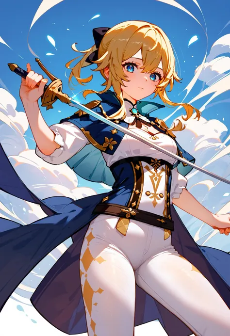 score_9_up score_8_up score_7_up, 1girl, holding sword rapier, jean (genshin impact), blonde hair, white pants, blue eyes, capelet, pants
<lora:rapier_pony_ex_c12_d16:1>