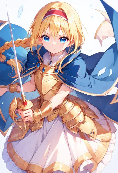 score_9_up score_8_up score_7_up, 1girl, holding sword rapier, alice zuberg, braided ponytail, cape, armored dress, blue cape, blue eyes, hairband, gold armor, yellow armor
<lora:rapier_pony_ex_c12_d16:1>