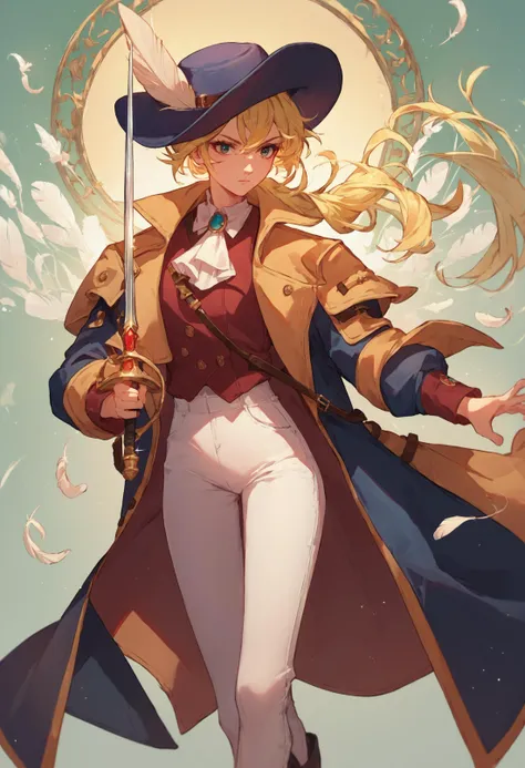 score_9_up score_8_up score_7_up, source_anime, 1girl, holding sword rapier, blonde hair, hat, hat feather, ascot, white pants, coat
<lora:rapier_pony_ex_c12_d16:1>