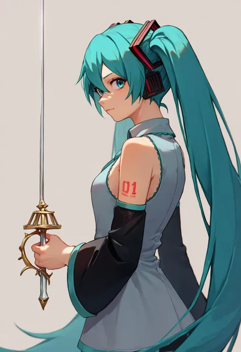 score_9_up score_8_up score_7_up, 1girl, holding sword rapier, source_anime, simple background, from side, looking at viewer, hatsune miku
<lora:rapier_pony_ex_c12_d16:1>