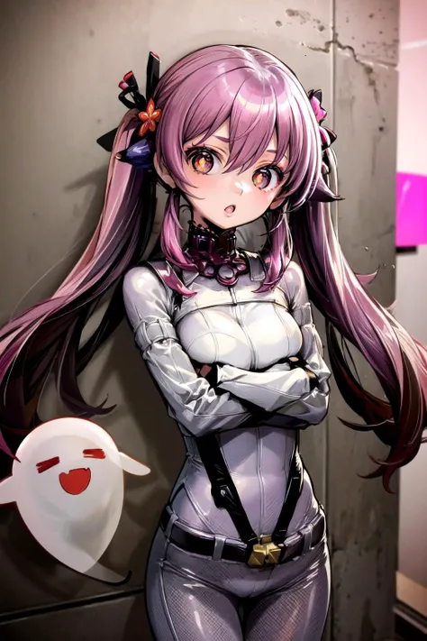 (masterpiece, best quality, detailed), 1girl, solo, looking at viewer, dohna dohna, <lora:hu_tao:0.8>, hu_tao, long hair, symbol-shaped pupils, twintails, hair between eyes, flower-shaped pupils, very long hair, black nails, nail polish, ghost, <lora:Concept_Straitjacket:1>, straitjacket, bondage, bdsm, restrained, white bodysuit, bound arms, belt, <lora:pnkr2:0.5>, pnkr, indoors, pink theme, purple theme, red theme, night, pink lighting, neon lights, cinematic lighting, <lora:breasts_squeezed_together_v0.2:1> (breasts squeezed together, v arms), :o,