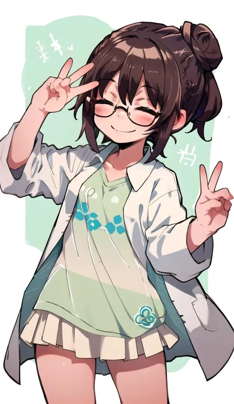 shirt, labcoat, miniskirt, 1girl, smiling, closed eyes, brown hair, messy hair, messy bun, short hair, round glasses, <lora:ZANKURO_STYLE16:0.7>
<lora:concept-double_v-v1:1> double v