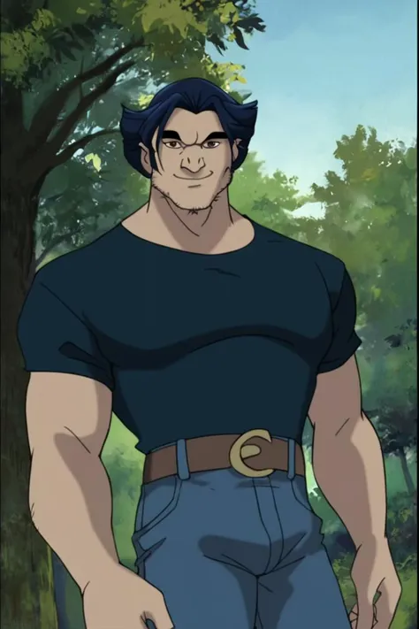 score_9, score_8_up, score_7_up, logan, 1boy, solo, male focus, mature male, short hair, dark blue hair, brown eyes, thick eyebrows, facial hair, stubble, sideburns, muscular, dark blue t-shirt, short sleeves, blue jeans, brown belt, looking at viewer, smile, standing, cowboy shot, outdoors, nature, tree <lora:Wolverine (Logan) X-Men Evolution v1.0 LoRA_Pony XL v6 (Only Logan):0.8>