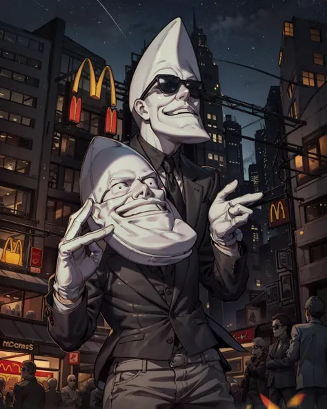 masterpiece, best quality, 1boy, mactonight, white face, solo, black suit, standing , sunglasses , night, city lights, star_\(sky\), white gloves, mcdonald's, <lora:mactonight:1>