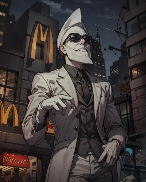 masterpiece, best quality, 1boy, mactonight, white face, solo, black suit, standing , sunglasses , night, city lights, star_\(sky\), white gloves, mcdonald's, <lora:mactonight:1>