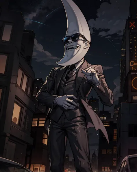 masterpiece, best quality, 1boy, mactonight, white face, solo, black suit, standing , sunglasses , night, city lights, star_\(sky\), white gloves, <lora:mactonight:1>
