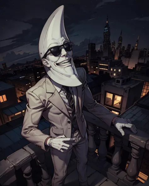 masterpiece, best quality, 1boy, (mactonight:1.1), white face, solo, black suit, standing , sunglasses , night, city lights, star_\(sky\), white gloves, <lora:mactonight:1>