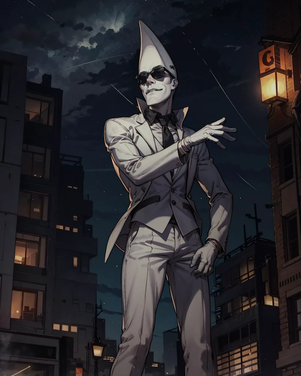 masterpiece, best quality, 1boy, mactonight, white face, solo, black suit, standing , sunglasses , night, city lights, star_\(sky\), white gloves, <lora:mactonight:1>