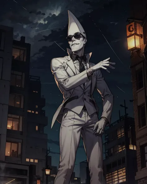 masterpiece, best quality, 1boy, mactonight, white face, solo, black suit, standing , sunglasses , night, city lights, star_\(sky\), white gloves, <lora:mactonight:1>