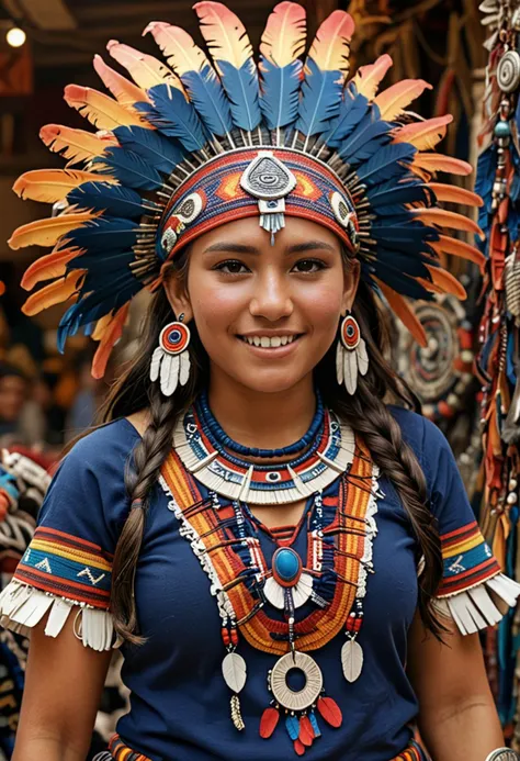 (medium full shot) of (imposing Aztec) young woman, Average build, wearing an aztec deep blue traditional warrior suit , decorated moccasins, aztec feather headdress, ceremonial nose ring, set in the aztec era, in  a vibrant bazaar, showcasing handmade crafts, rich fabrics, bustling energy, dynamic interactions, during sunset, woman smiling, ,Masterpiece,best quality, photo, realistic, very aesthetic, detailed face,