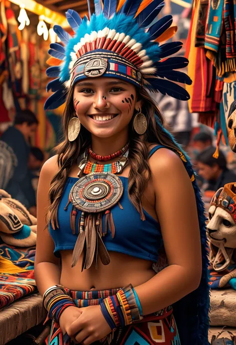 (medium full shot) of (brave Aztec) young woman, lithe build, wearing an aztec deep blue warrior regalia with animal motifs , hide sandals, jaguar pelt, ceremonial nose ring, set in the aztec era, in  a bustling marketplace, filled with vibrant stalls, exotic goods, colorful textiles, lively traders, rich scents of spices and food, during sunset, woman smiling, ,Masterpiece,best quality, raw photo, realistic, very aesthetic